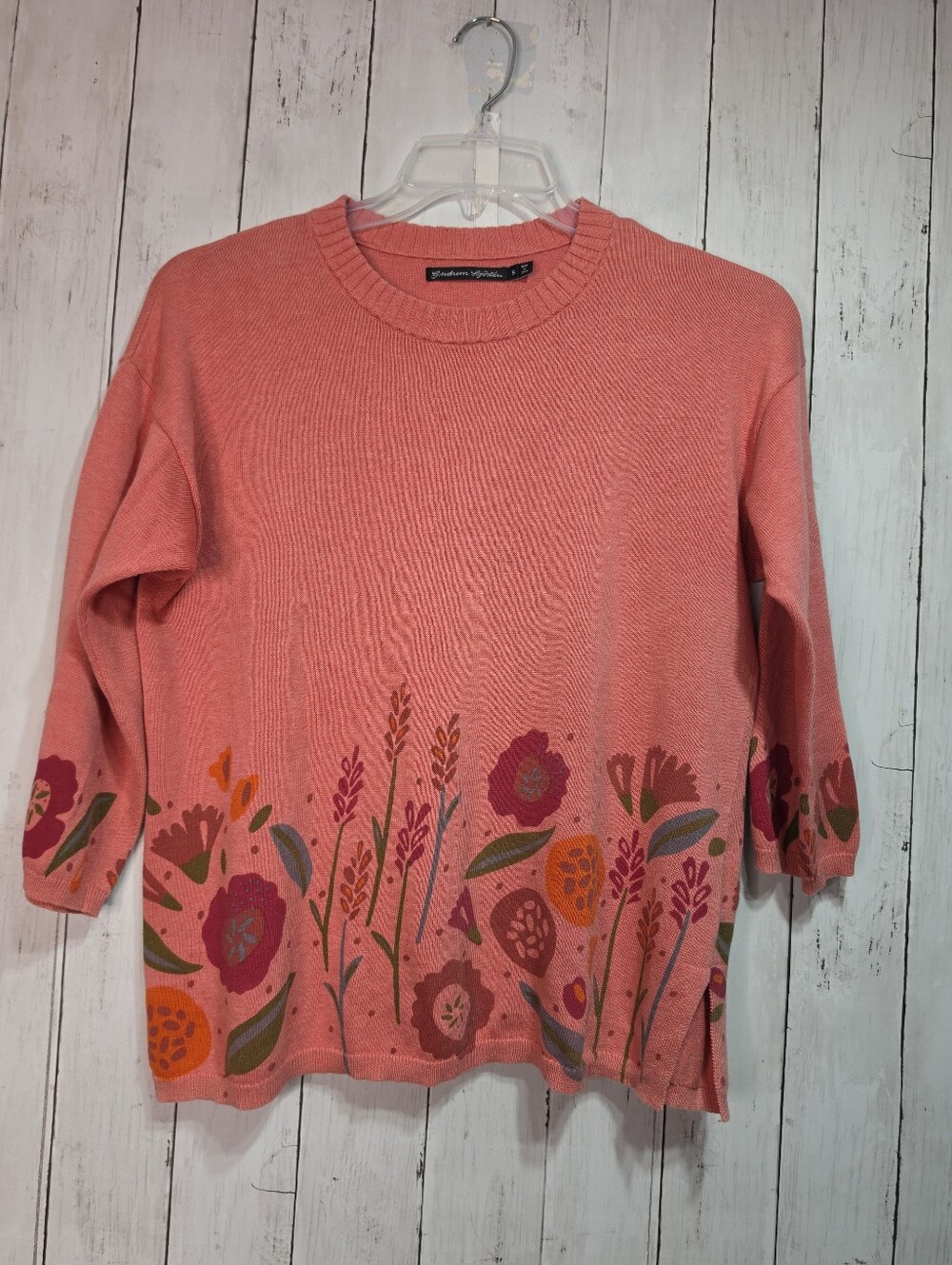 Gudrun Sjoden Women's Noon Yarn Dyed Cotton Sweater Floral 3/4 Sleeve Size Small